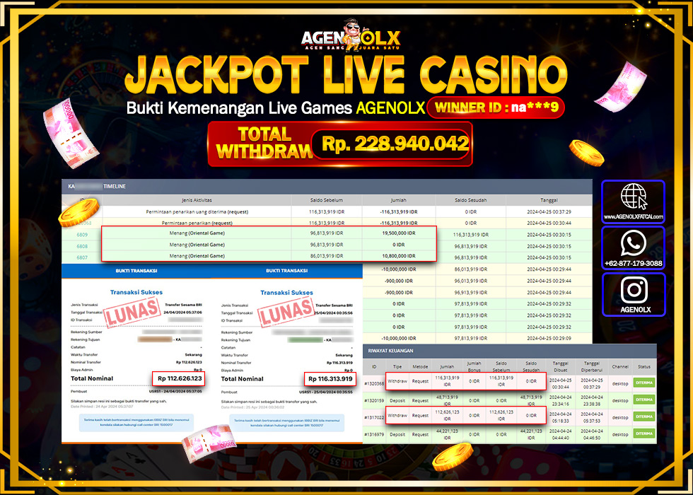 AGENOLX JACKPOT Live casino Rp.228.940.042,- LUNAS
