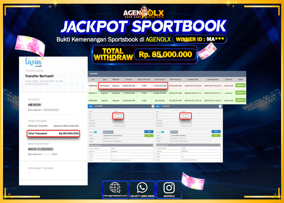 AGENOLX JACKPOT SPOORTBOOK  Rp 85.000.000,- LUNAS