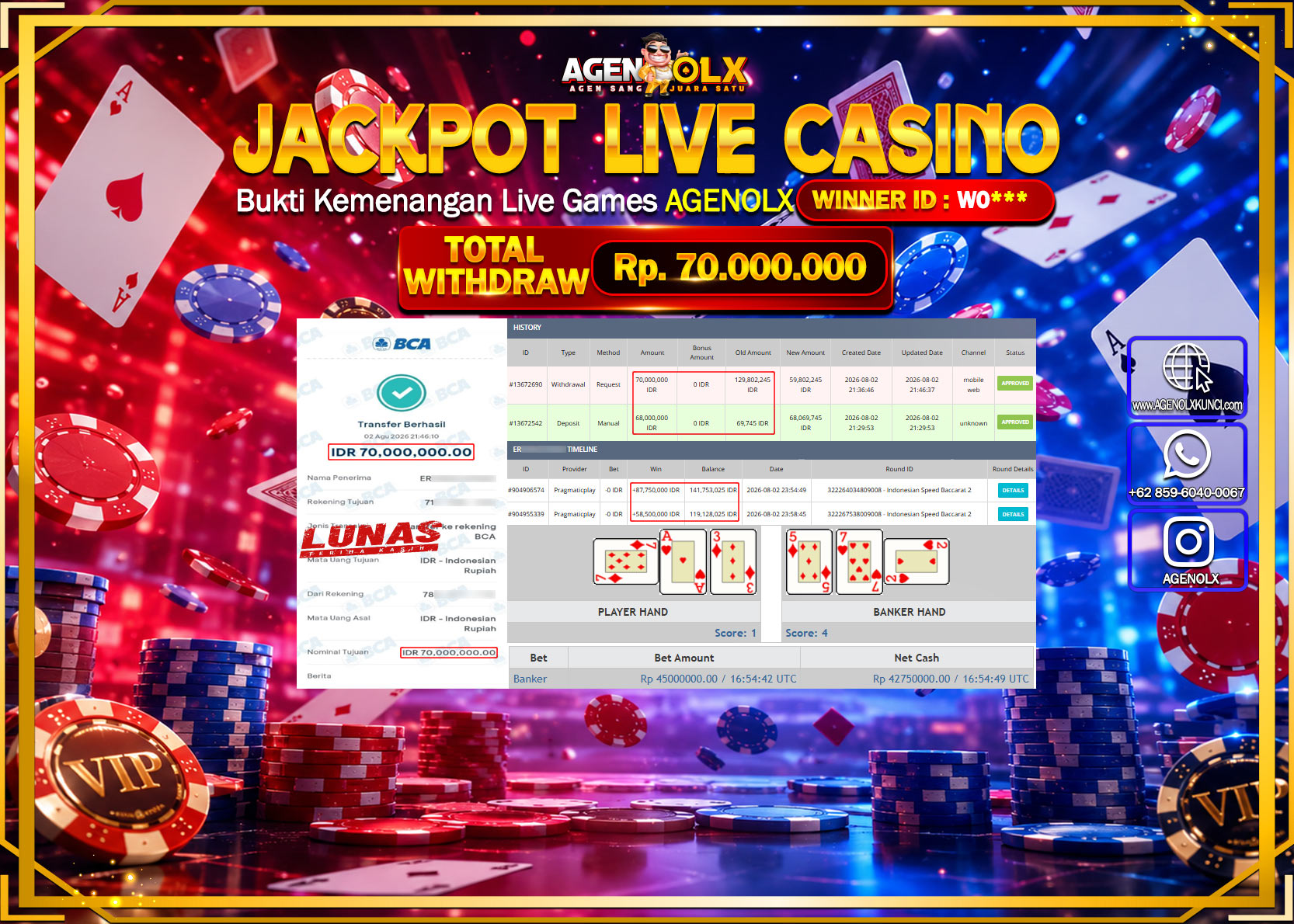 AGENOLX JACKPOT LIVE CASSINO INDONESIAN SPEED BACCARAT 2  Rp  70.000.000 -LUNAS