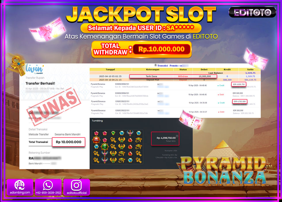 JACKPOT SLOT PYRAMID BONANZA Rp.10.000.000,- LUNAS