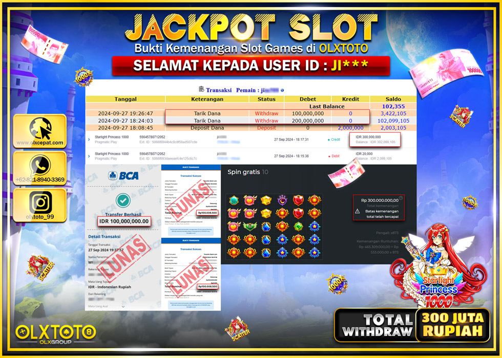 OLXTOTO JACKPOT  SLOT STARLIGHT PRINCESS 1000 Rp.300.000.000.,- LUNAS