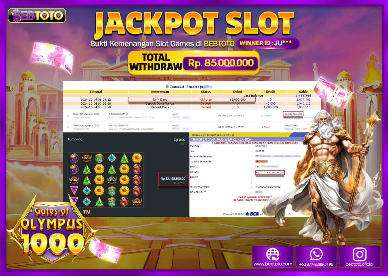 JACKPOT SLOT BEBTOTO GATES OF OLYMPUS 1000 Rp.85.000.000.,- LUNAS