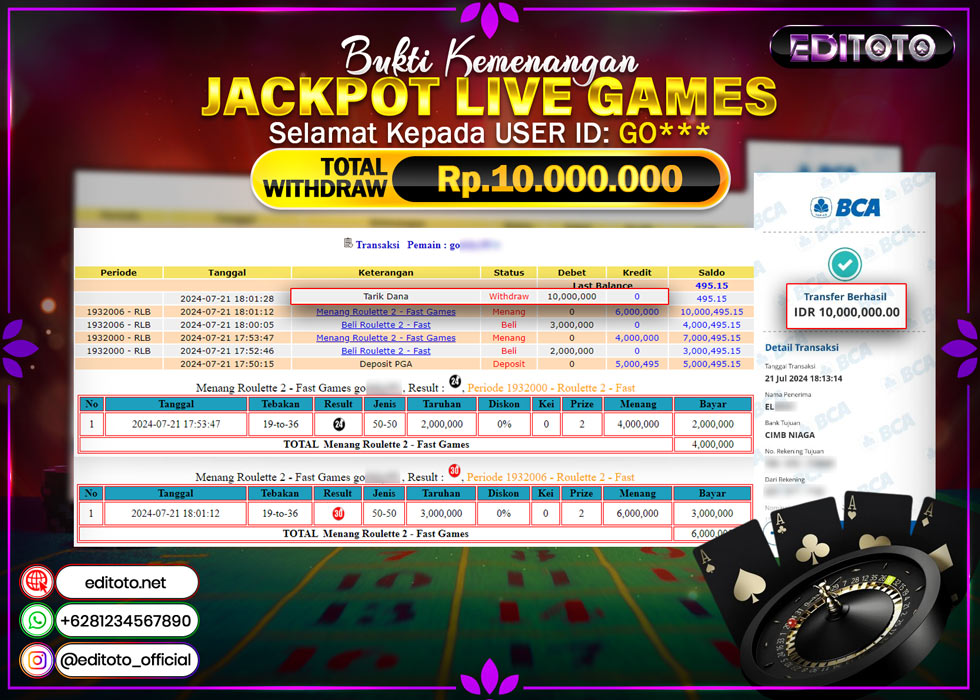 JACKPOT LIVE GAME EDITOTO ROULETTE Rp.10.000.000.,- LUNAS