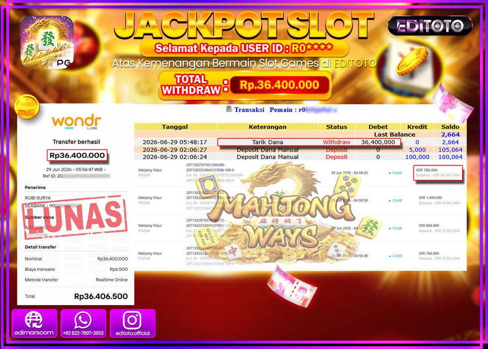 JACKPOT EDITOTO SLOT MAHJONG WAYS Rp.36.400.000,- LUNAS