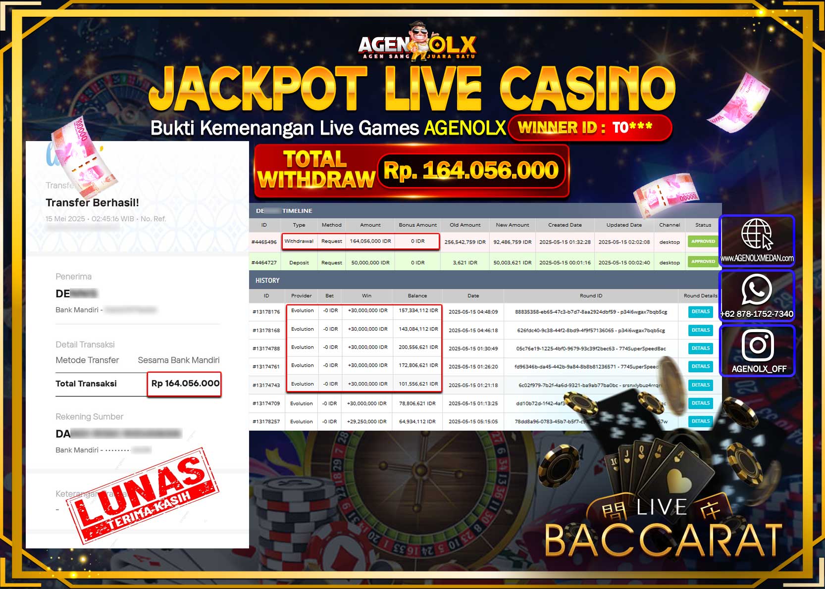 AGENOLX JACKPOT LIVE CASINO SPEED BACCARAT   Rp 164.056.000,- LUNAS
