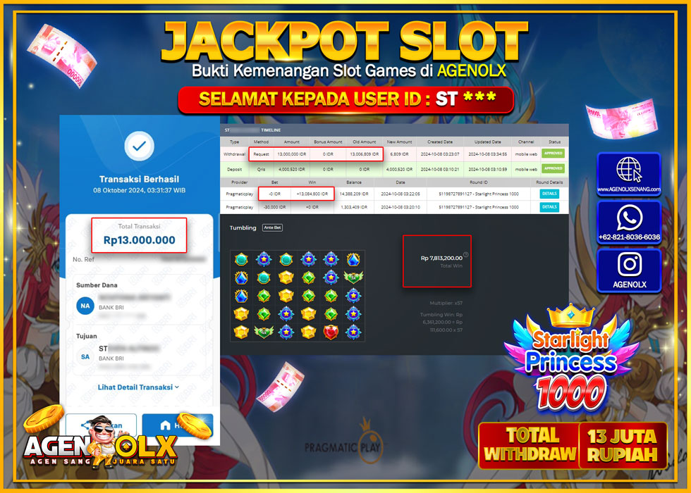AGENOLX JACKPOT  SLOT STARLIGHT PRINCESS 1000 Rp.13.000.000,- LUNAS