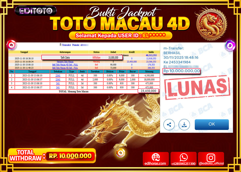 JACKPOT EDITOTO TOGEL PASARAN TOTO MACAU 4D Rp.10.000.000.,- LUNAS 