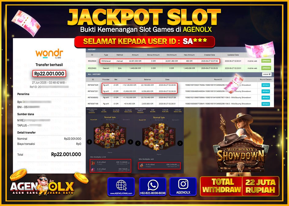 AGENOLX JACKPOT  SLOT WILD BOUNTY SHOWDOWN  Rp 22.001.000,- LUNAS