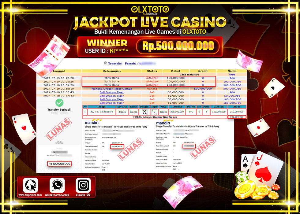 OLXTOTO JACKPOT  LIVE GAME DRAGON TIGER Rp.500.000.000.,- LUNAS