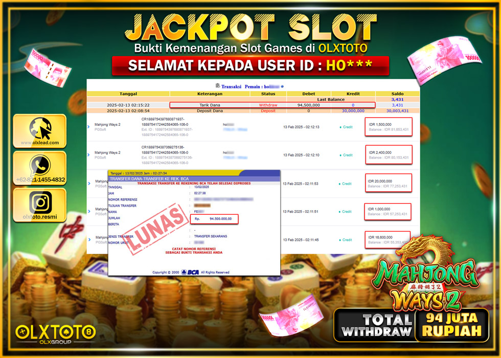 OLXTOTO JACKPOT  SLOT MAHJONG WAYS 2  Rp.94.500.000.,- LUNAS