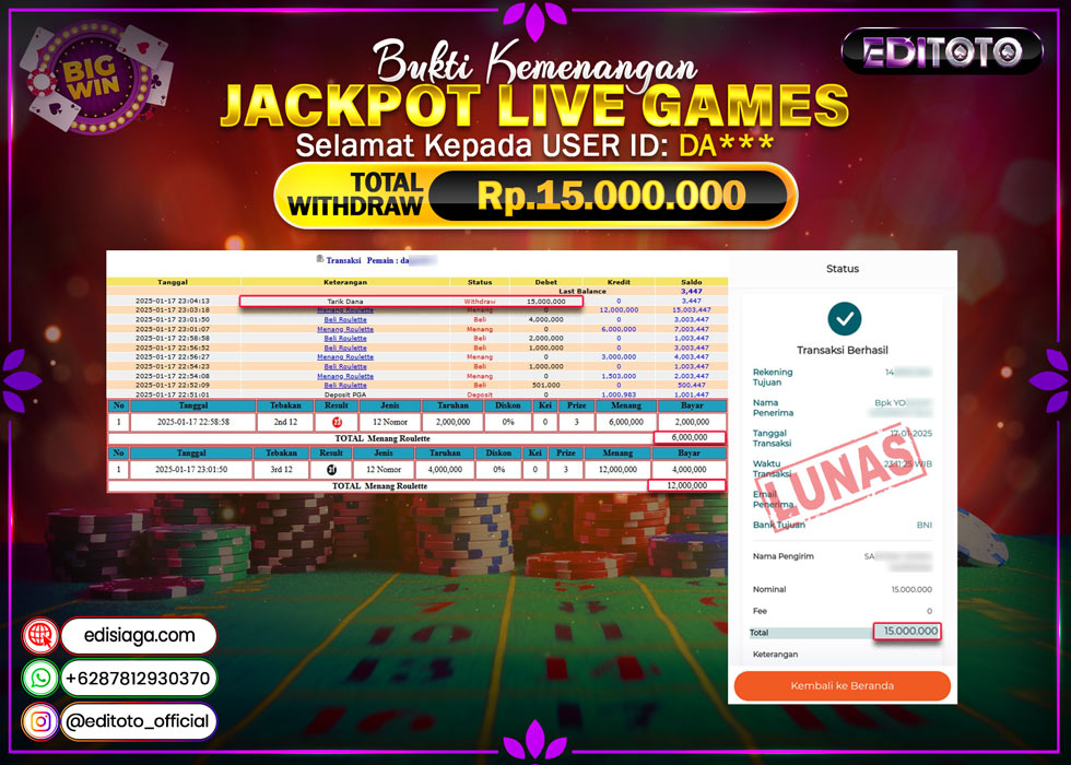 JACKPOT LIVE GAMES ROULETTE Rp.15.000.000.,- LUNAS