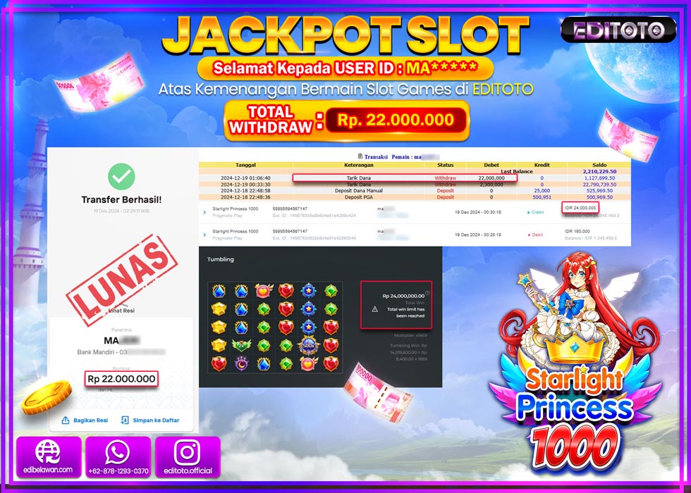JACKPOT SLOT STARLIGHT PRINCESS 1000 Rp22.000.000.,- LUNAS
