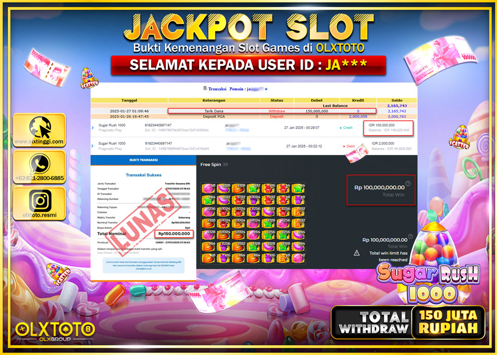 OLXTOTO JACKPOT  SLOT SUGAR RUSH 1000  Rp.150.000.000.,- LUNAS