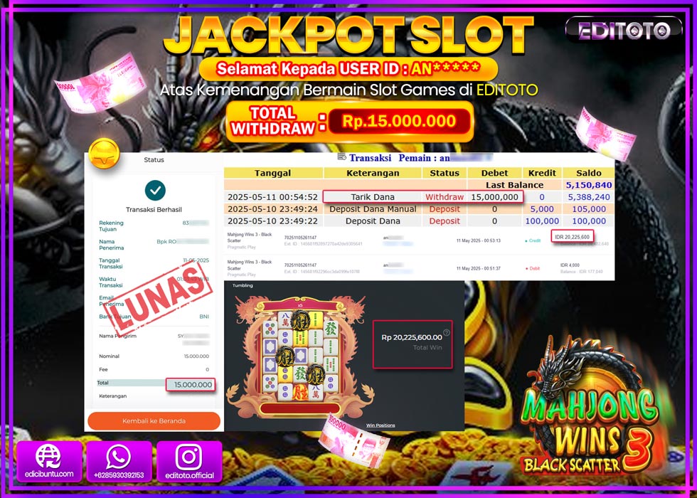 JACKPOT EDITOTO SLOT MAHJONG WINS 3 BLACK SCATER Rp.15.000.000,- LUNAS