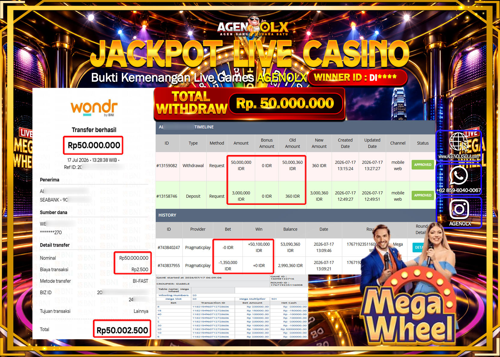 AGENOLX JACKPOT LIVE CASSINO MEGA WHEEL  Rp  50.000.000 -LUNAS