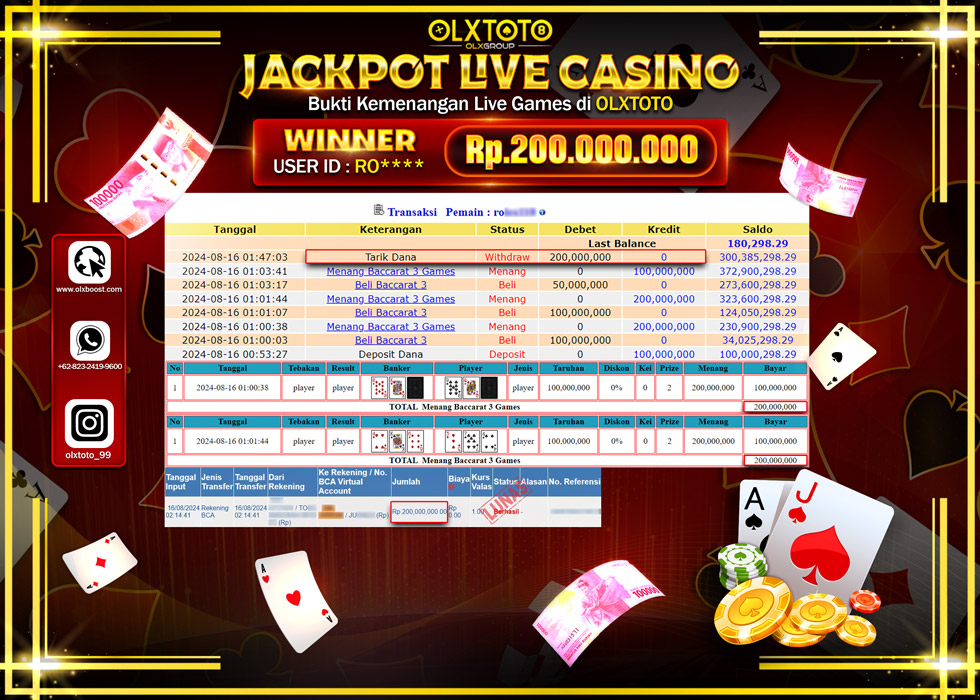 OLXTOTO JACKPOT  LIVE GAMES BACCARAT Rp.200.000.000.,- LUNAS