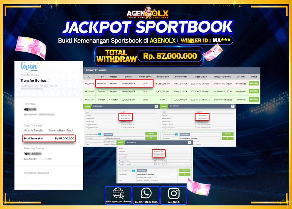 AGENOLX JACKPOT SPOORTBOOK  Rp 87.000.000,- LUNAS