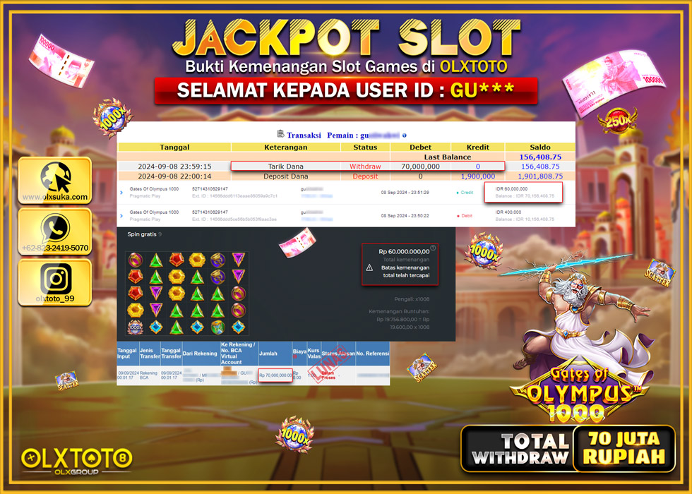 OLXTOTO JACKPOT  SLOT GATES OF OLYMPUS 1000 Rp.70.000.000.,- LUNAS