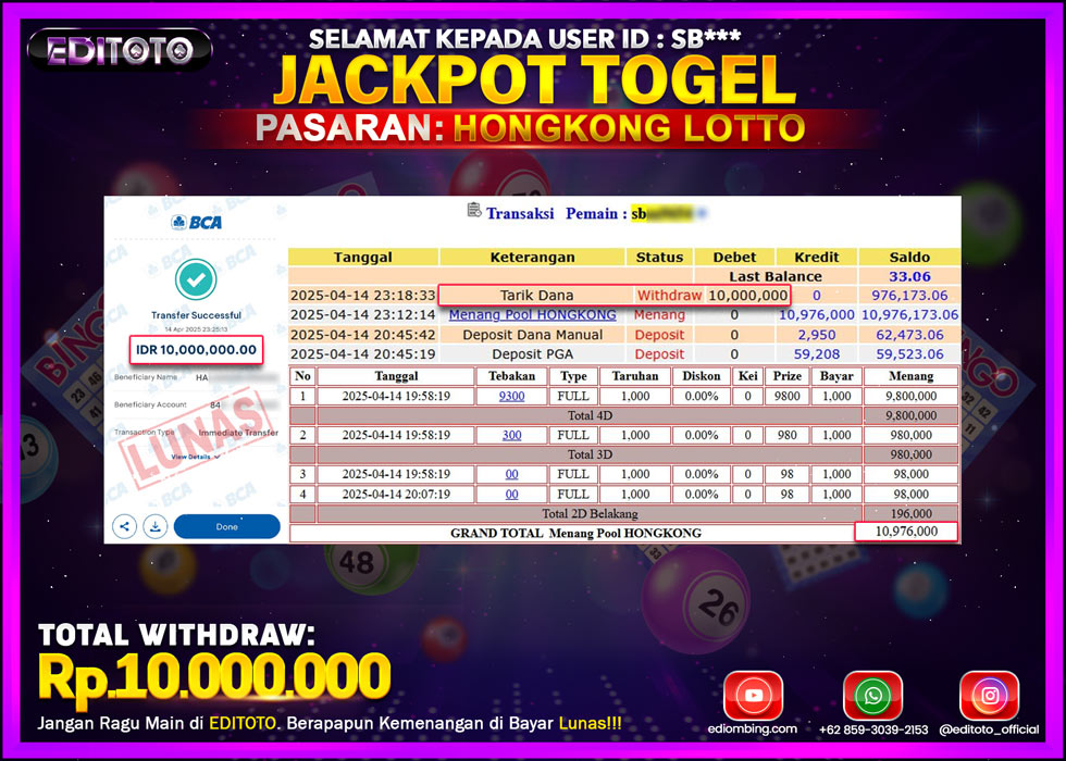 JACKPOT EDITOTO TOGEL PASARAN HONGKONG LOTTO Rp.10.000.000.,- LUNAS