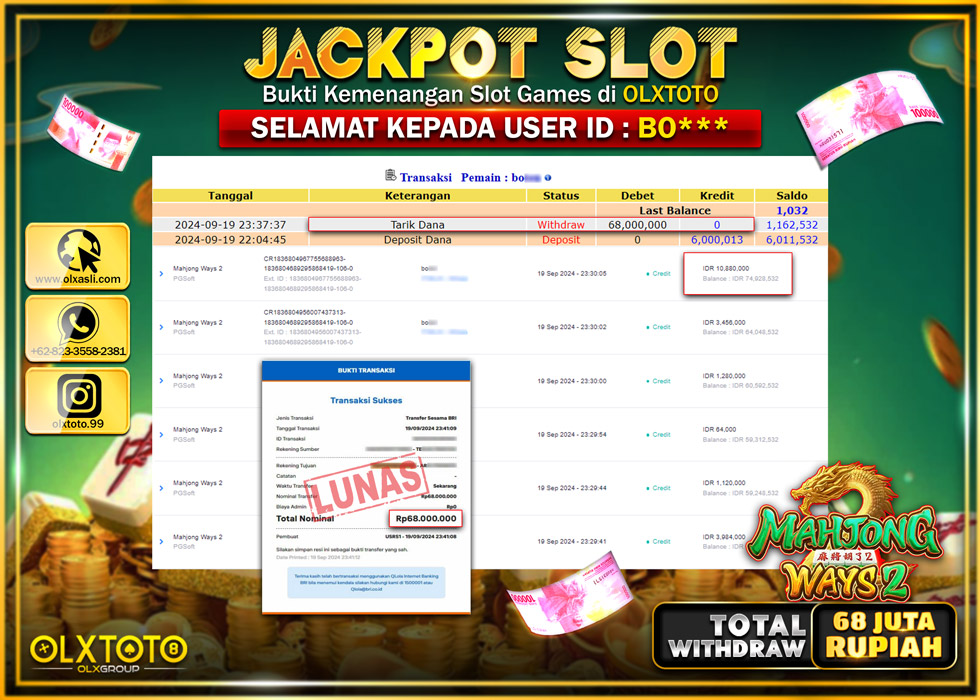 OLXTOTO JACKPOT  SLOT MAHJONG WAYS 2 Rp.68.000.000.,- LUNAS