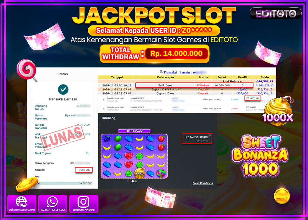 JACKPOT SLOT SWEET BONANZA 1000 Rp.14.000.000.,- LUNAS
