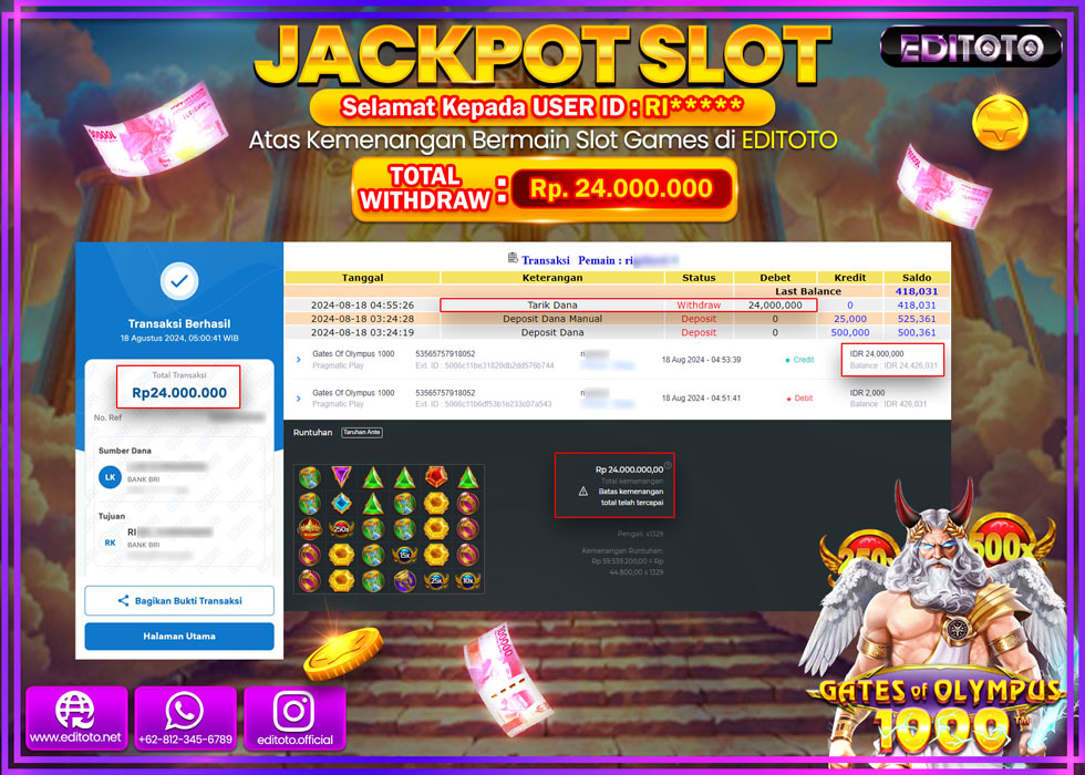 JACKPOT SLOT GATES OF OLYMPUS 1000 Rp.24.000.000.,- LUNAS
