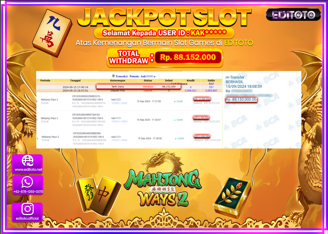 JACKPOT SLOT MAHJONG WAYS 2   Rp.88.152.000.,- LUNAS