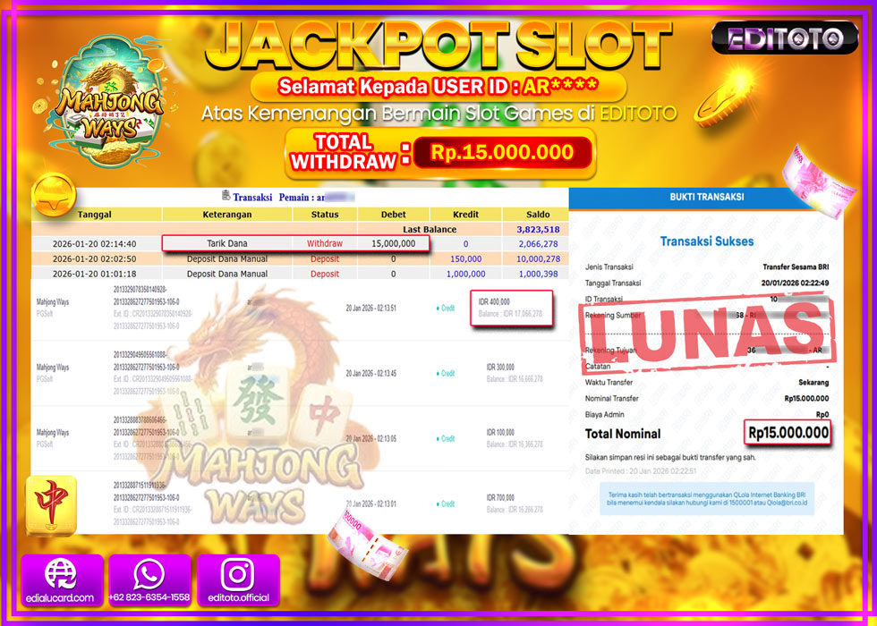 JACKPOT EDITOTO SLOT MAHJONG WAYS Rp.15.000.000,- LUNAS