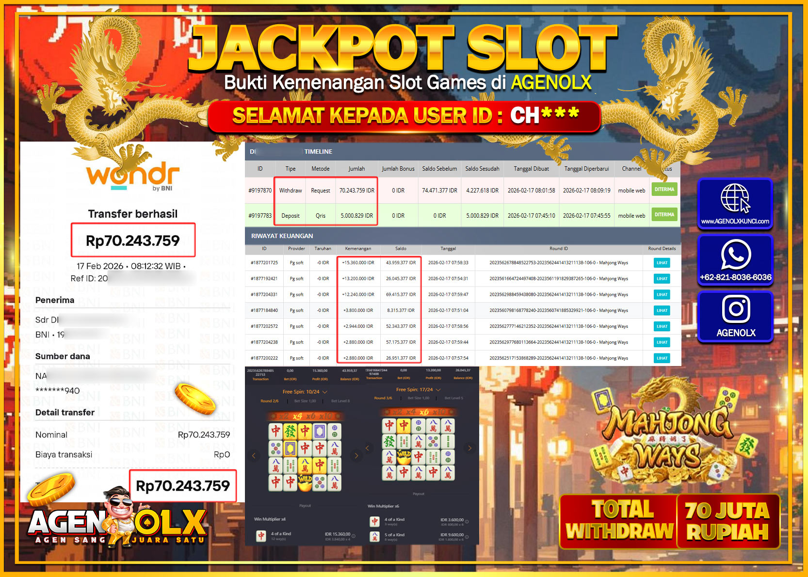 AGENOLX JACKPOT SLOT MAHJONG WAYS  Rp 70.243.759 - LUNAS  