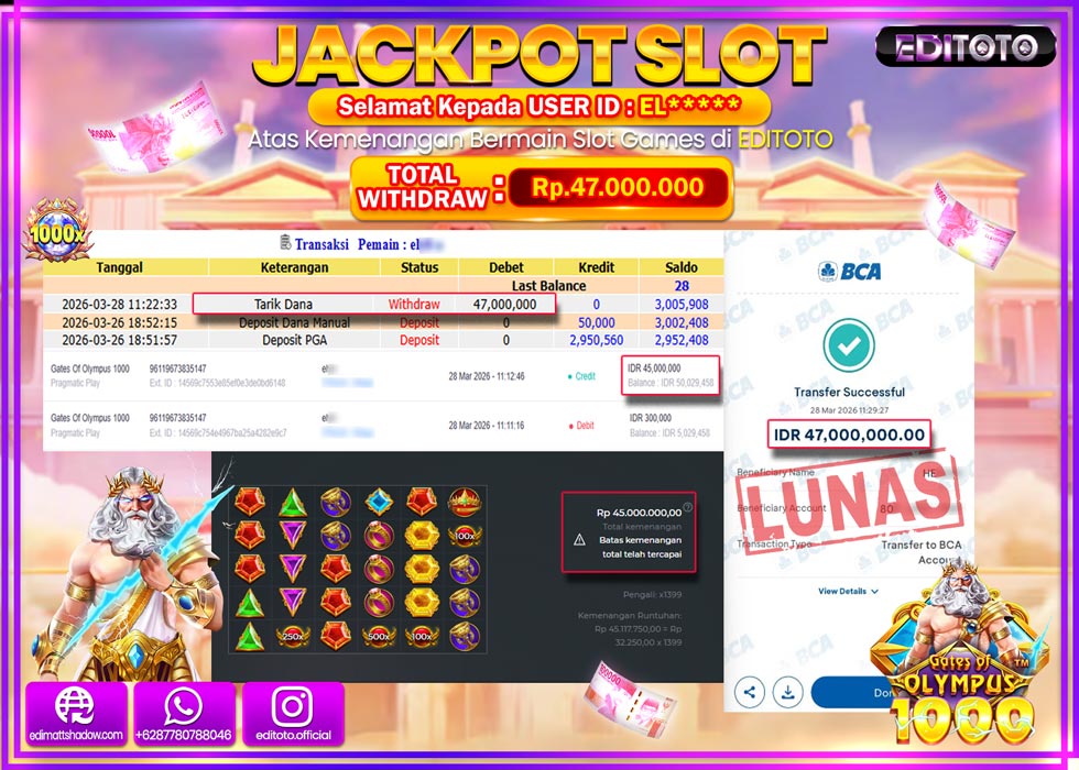 JACKPOT EDITOTO SLOT GATES OF OLYMPUS 1000 Rp.47.000.000,- LUNAS