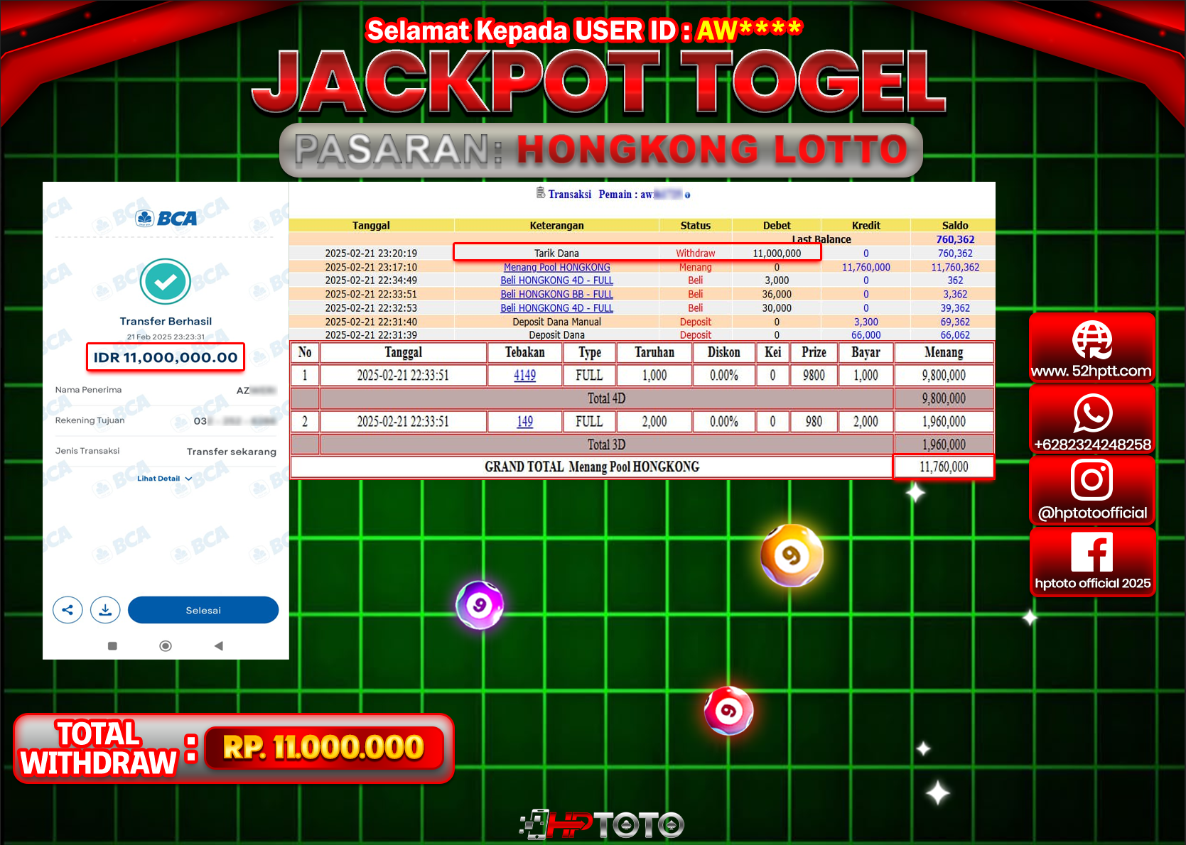 HPTOTO JACKPOT TOGEL PASARAN HONGKONG LOTTO Rp.11.000.000,- LUNAS