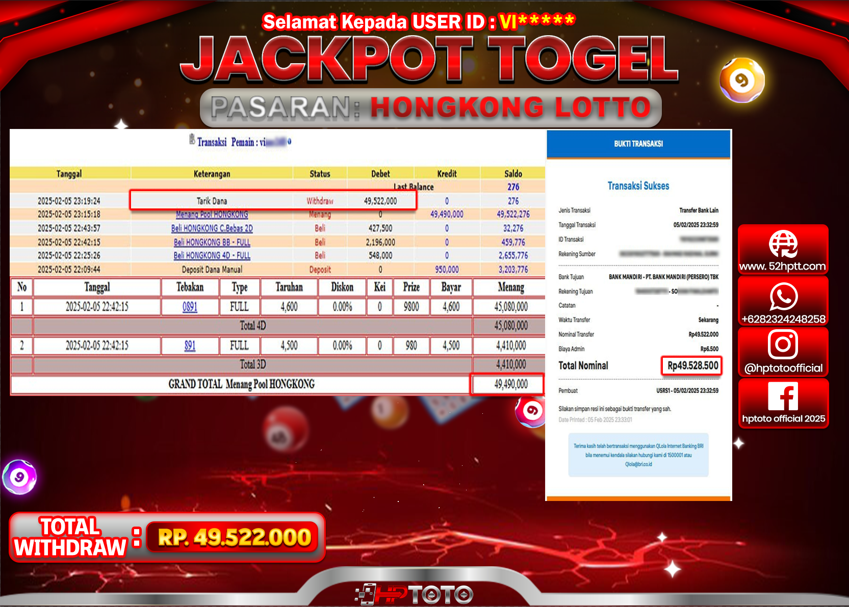 JACKPOT TOGEL HONGKONG LOTTO Rp.49.522.000,- LUNAS