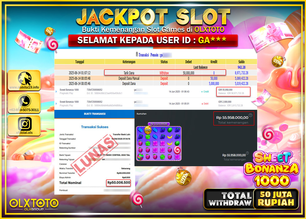BONDAN69 JACKPOT SLOT SWEET BONANZA 1000  Rp.50.000.000.,- LUNAS
