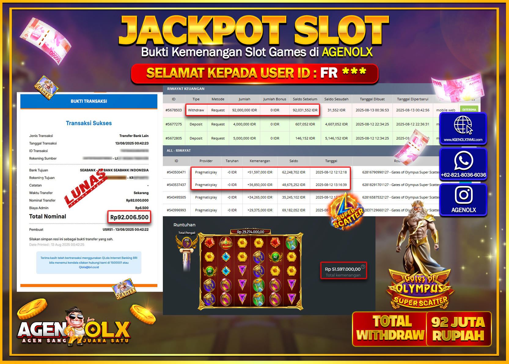 AGENOLX JACKPOT SLOT GATES OF OLYMPUS SUPER SCATTER  Rp 92.000.000,- LUNAS