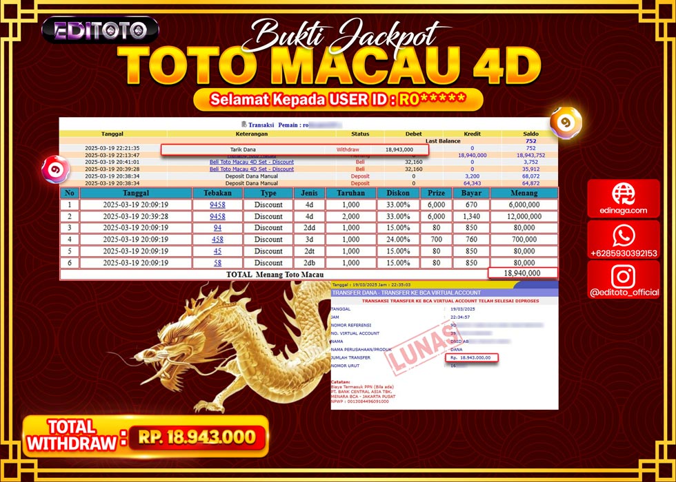 JACKPOT EDITOTO TOGEL PASARAN TOTOMACAU 4D Rp.18.943.000.,- LUNAS