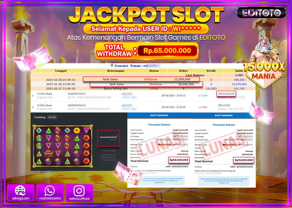 JACKPOT SLOT 15.000X MANIA  Rp.65.000.000.,- LUNAS