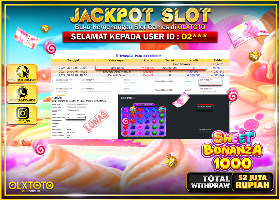 OLXTOTO JACKPOT  SLOT SWEET BONANZA 1000 Rp.52.000.000.,- LUNAS