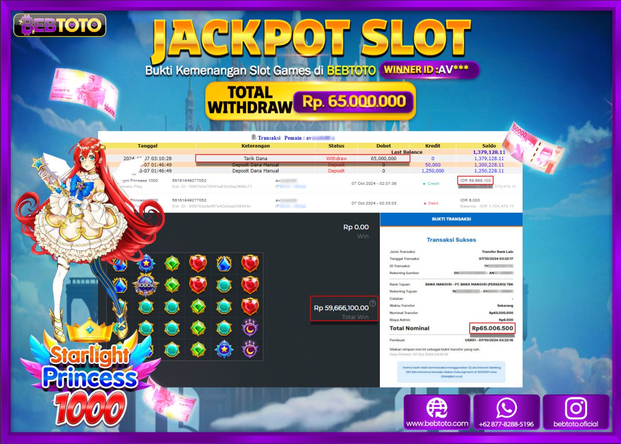 JACKPOT SLOT BEBTOTO STARLIGHT PRINCESS 1000 Rp.65.000.000.,- LUNAS