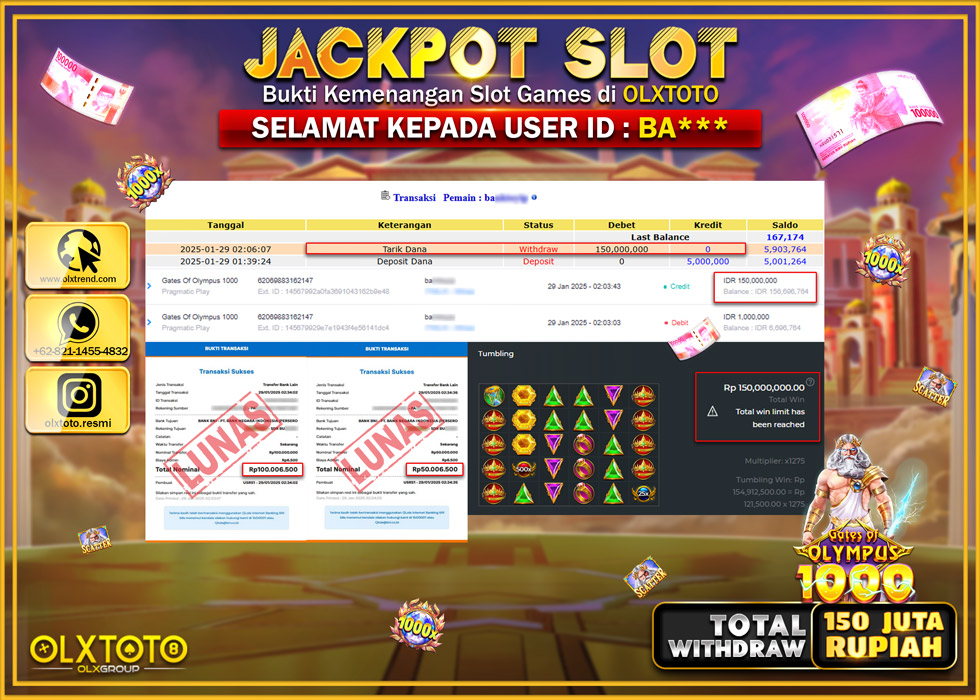 OLXTOTO JACKPOT  SLOT GATES OF OLYMPUS 1000  Rp.150.000.000.,- LUNAS