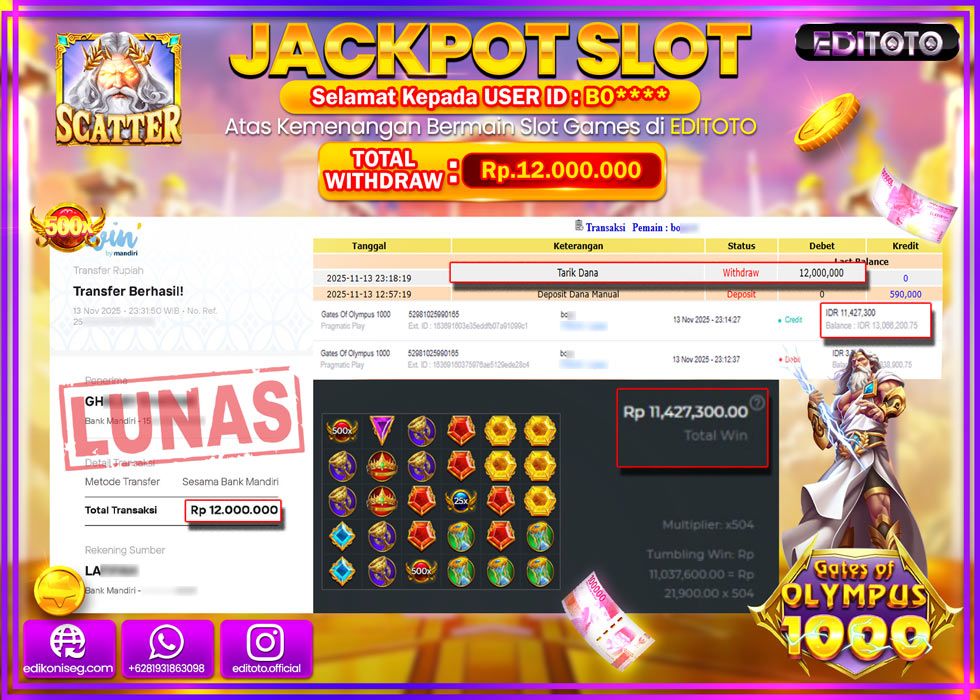 JACKPOT EDITOTO SLOT GATES OF OLYMPUS 1000  Rp.12.000.000,- LUNAS