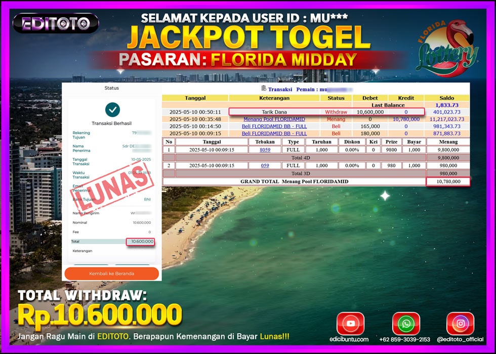 JACKPOT EDITOTO TOGEL FLORIDA MIDDAY  Rp.10.600.000,- LUNAS