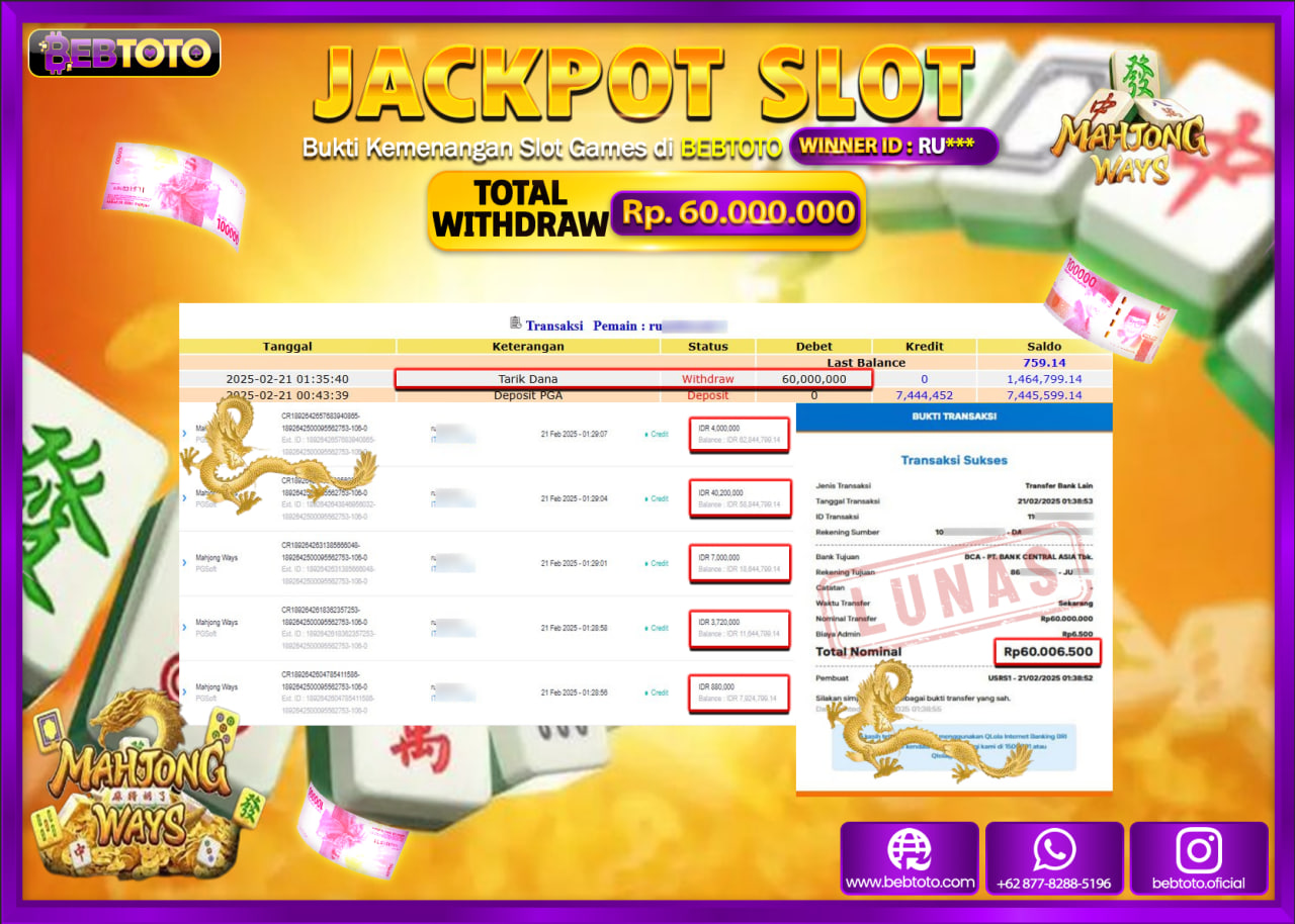 JACKPOT SLOT BEBTOTO MAHJONG WAYS Rp.60.000.000.,- LUNAS