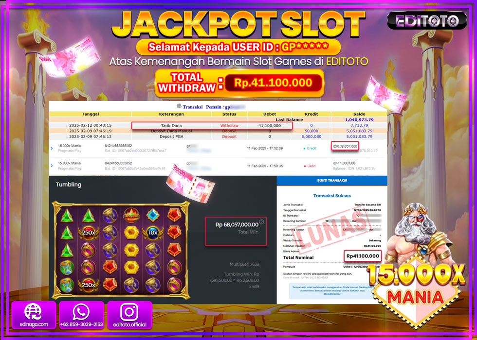 JACKPOT SLOT 15.000X MANIA  Rp.41.100.000.,- LUNAS