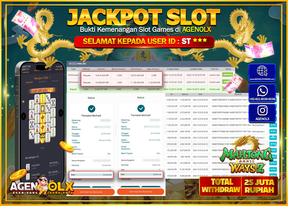 AGENOLX JACKPOT  SLOT SLOT MAHJONG WAYS  2  Rp 25.816.488,- LUNAS