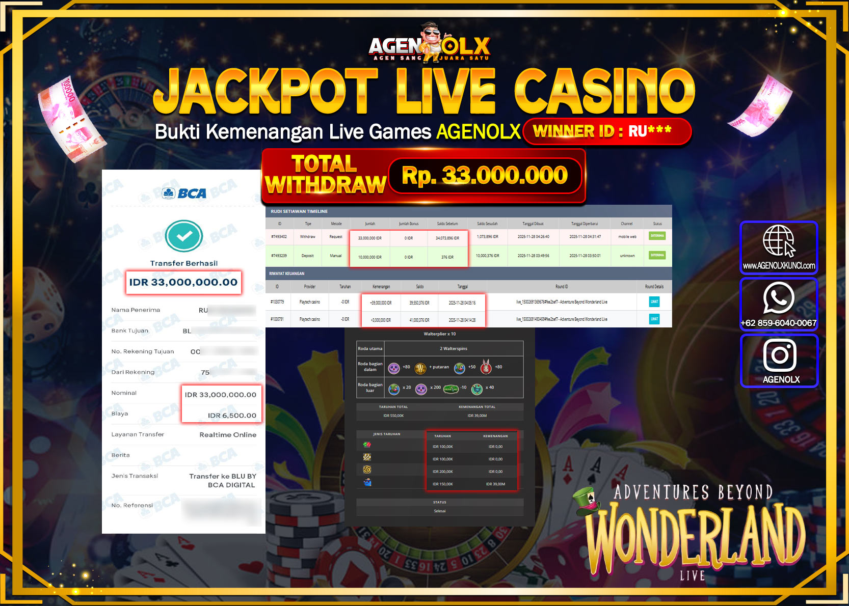 AGENOLX JACKPOT LIVE CASINO ADVENTURE BEYOND WONDERLAND Rp 33,000,000,- LUNAS