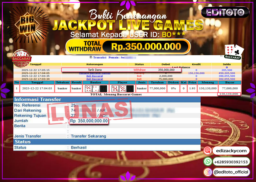 JACKPOT EDITOTO LIVE GAMES BACCARAT Rp. 350.000.000.,- LUNAS