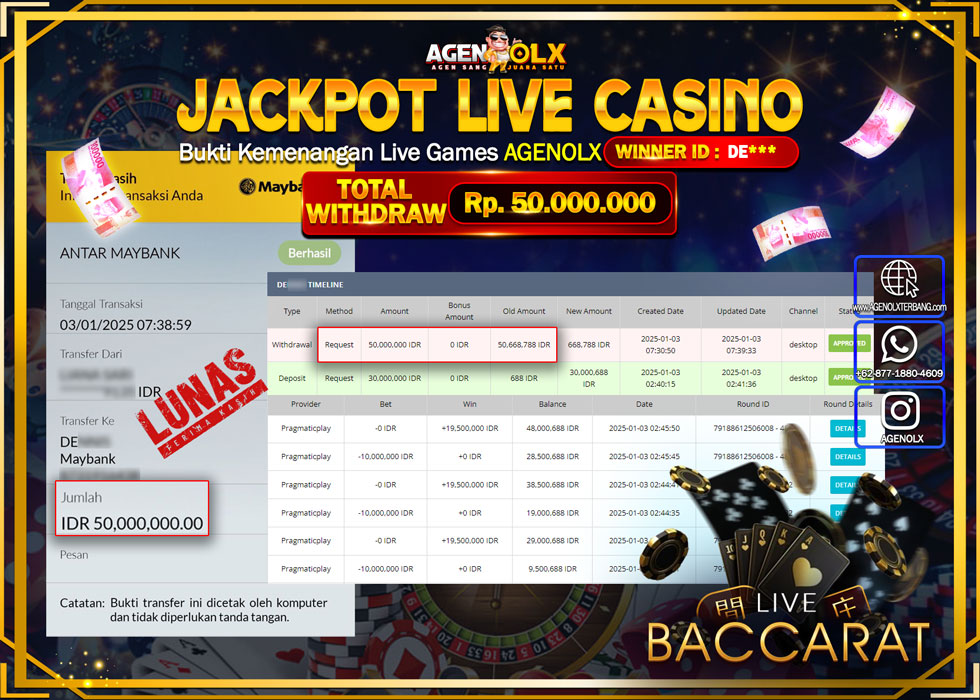 AGENOLX JACKPOT LIVE GAMES BACCARAT Rp 50.000.000,- LUNAS