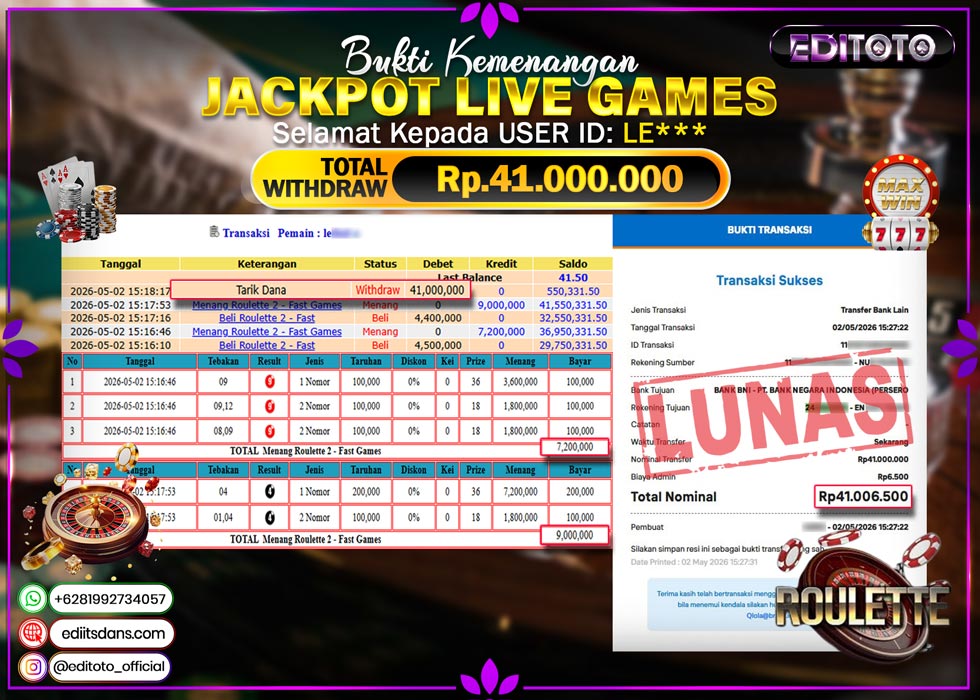 JACKPOT EDITOTO LIVE GAMES ROULETTE 2 Rp. 41.000.000.,- LUNAS