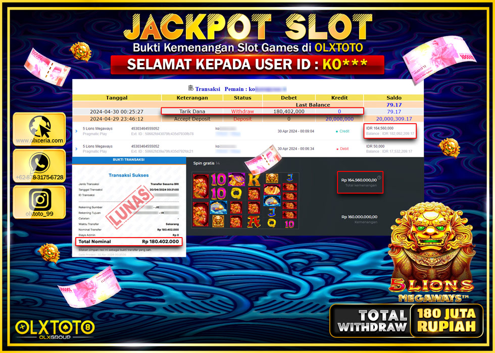 OLXTOTO JACKPOT SLOT 5 LIONS MEGAWAYS Rp.180.402.000.,- LUNAS