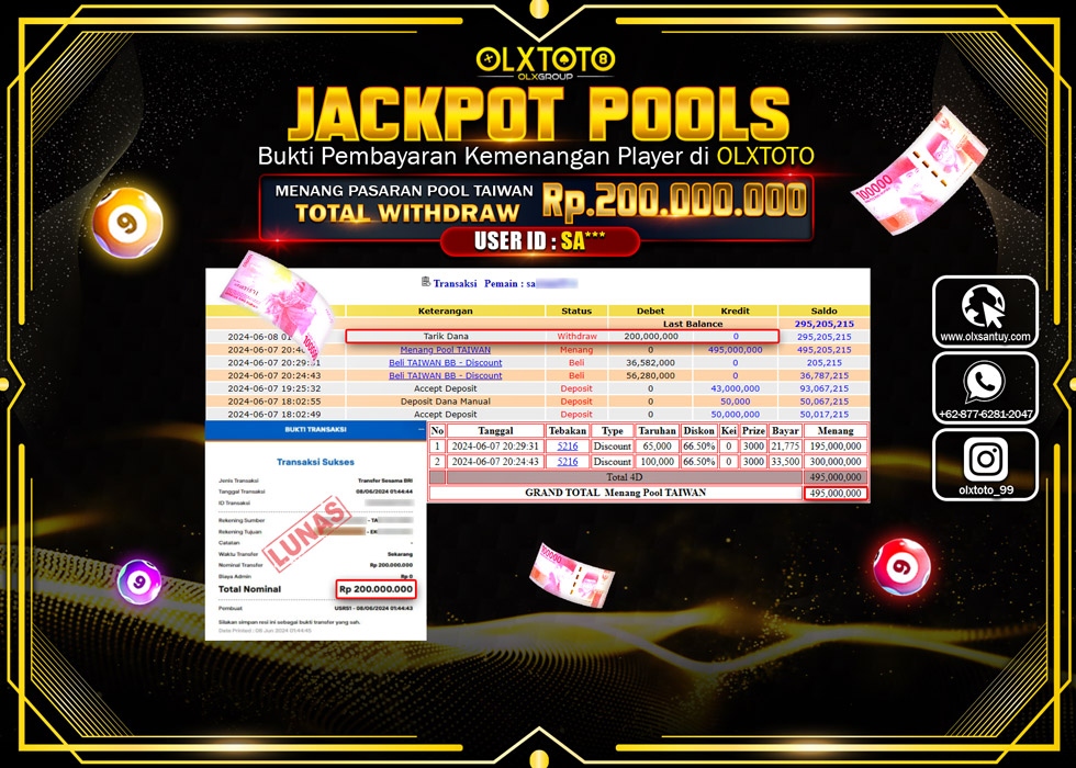 OLXTOTO JACKPOT TOGEL POOL TAIWAN  Rp.200.000.000.,- LUNAS